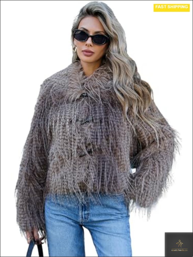 Trendy Shaggy Faux Fur Jacket, Long Sleeve Cropped Style Plush Outerwear